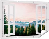Gards Tuinposter Doorkijk Bos met Bomen bij Bergen Landschap - 120x80 cm - Tuindoek - Tuindecoratie - Wanddecoratie buiten - Tuinschilderij