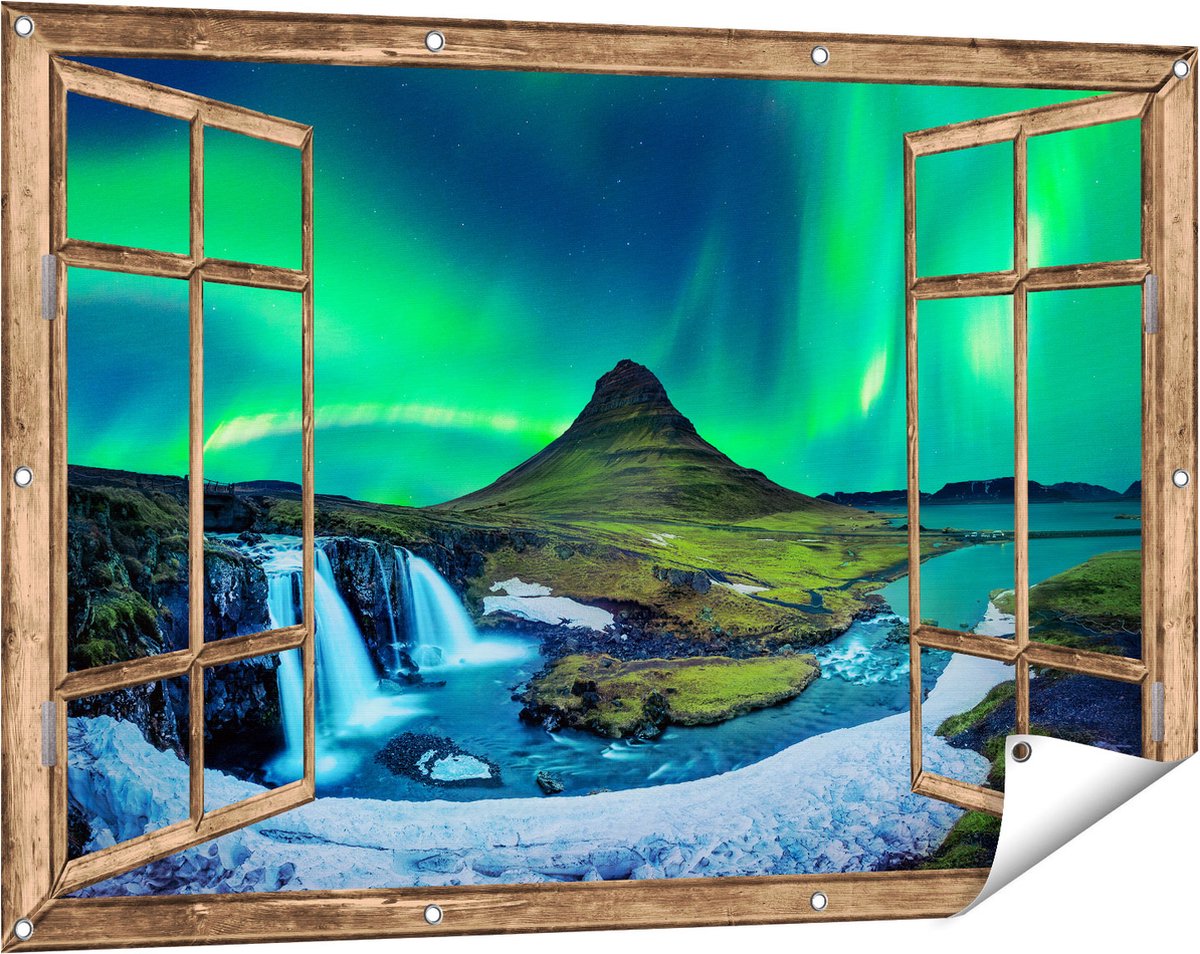 Gards Tuinposter Doorkijk Noorderlicht bij de Watervallen in IJsland - 120x80 cm - Tuindoek - Tuindecoratie - Wanddecoratie buiten - Tuinschilderij Licht bruin