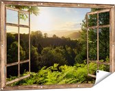 Gards Tuinposter Doorkijk Zonsondergang vanuit een Bos - 120x80 cm - Tuindoek - Tuindecoratie - Wanddecoratie buiten - Tuinschilderij