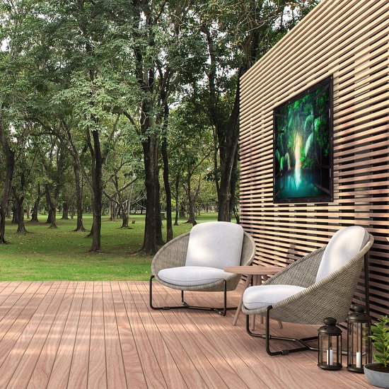 Gards Tuinposter Doorkijk Tropische Jungle met een Turquoise Meer - 120x80 cm - Tuindoek - Tuindecoratie - Wanddecoratie buiten - Tuinschilderij