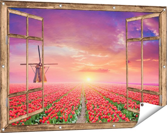 Gards Tuinposter Doorkijk Rode Rozen Bloemenveld met een Windmolen - 120x80 cm - Tuindoek - Tuindecoratie - Wanddecoratie buiten - Tuinschilderij