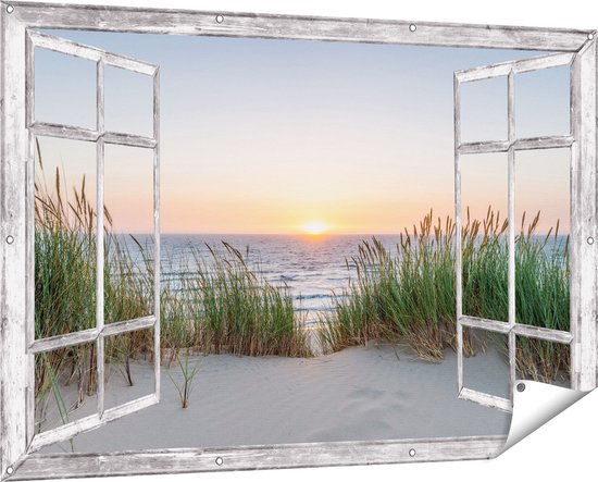 Gards Tuinposter Doorkijk Zee vanuit Duinen met Zonsondergang - 150x100 cm - Tuindoek - Tuindecoratie - Wanddecoratie buiten - Tuinschilderij