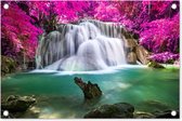 Tuinposter waterval - Roze - Bomen - Natuur - Tuindoek - Tuinschilderij voor buiten - Tuin - Schutting decoratie - 60x40 cm - Schuttingdoek - Tuindecoratie - Tuinposters buiten