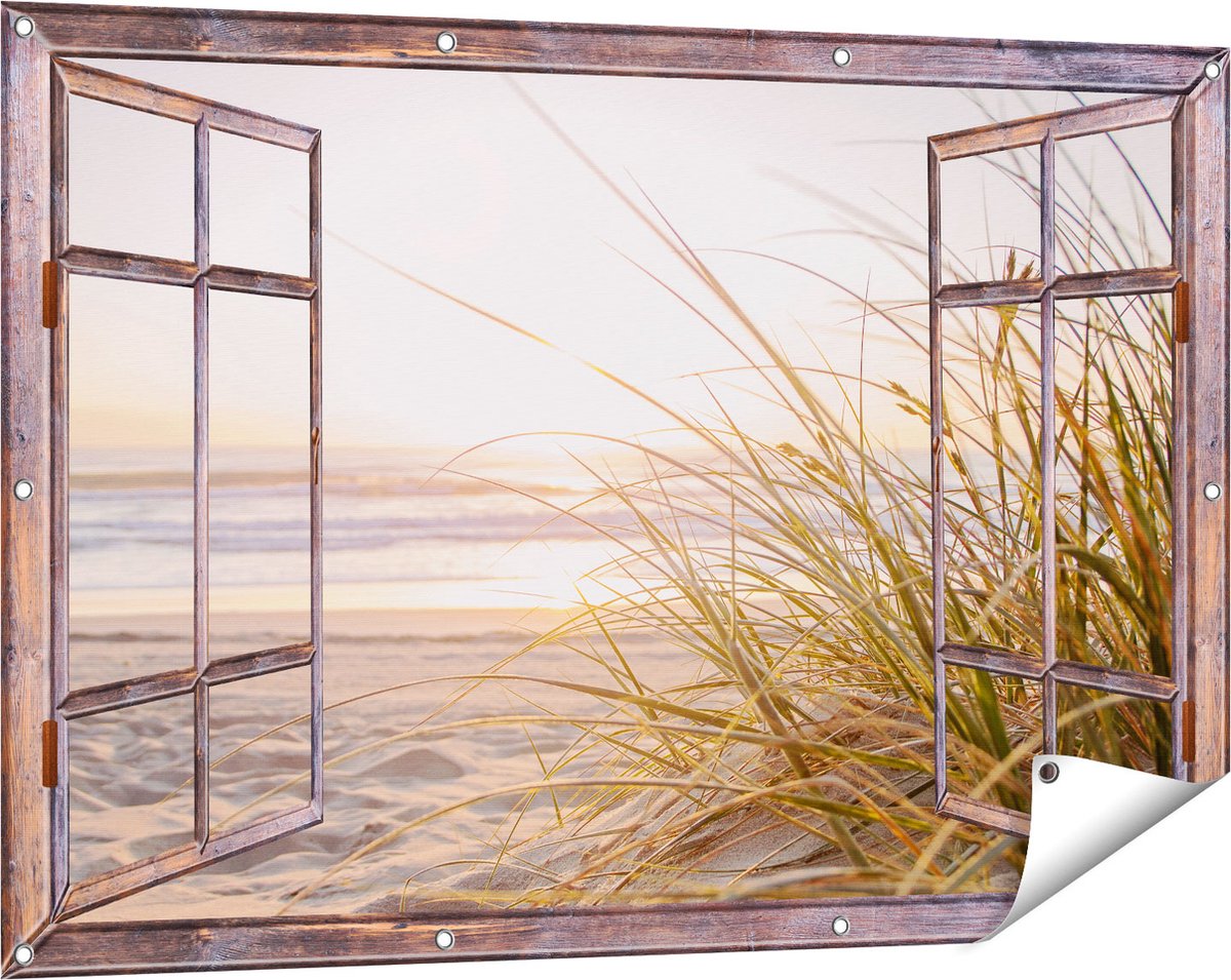 Gards Tuinposter Doorkijk Strand en Duinen tijdens Zonsondergang - 120x80 cm - Tuindoek - Tuindecoratie - Wanddecoratie buiten - Tuinschilderij Bruin