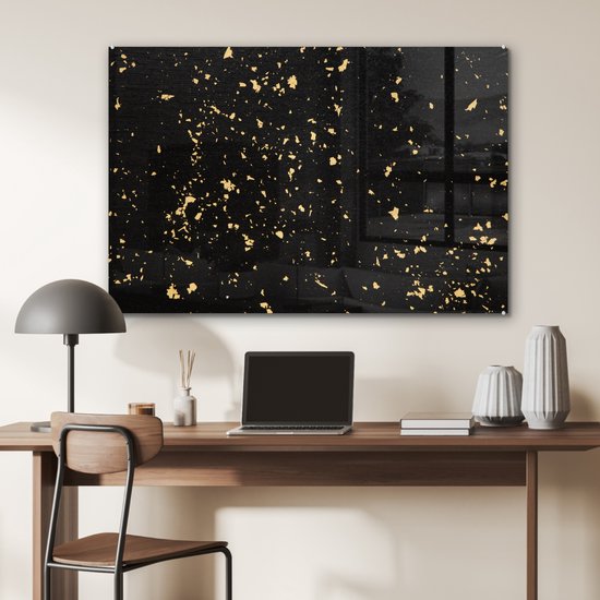 ® Glasschilderij 120x80 cm - Schilderij acrylglas - Gouden vlokken op een zwarte achtergrond - Foto op glas - Muurdecoratie woonkamer - Wanddecoratie slaapkamer - Schilderijen