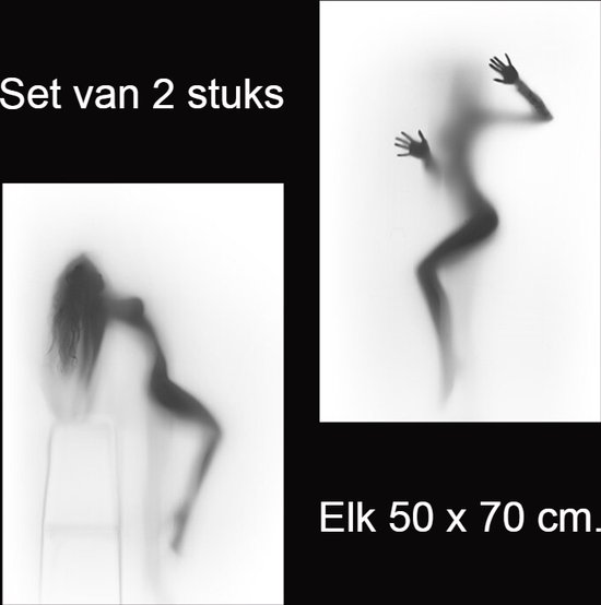 Allernieuwste.nl® 2-Delig Canvas Schilderij Sexy Silhouet Naakte Vrouw - Modern - Poster - Set 2x 50 x 70 cm - Zwart Wit - Copy