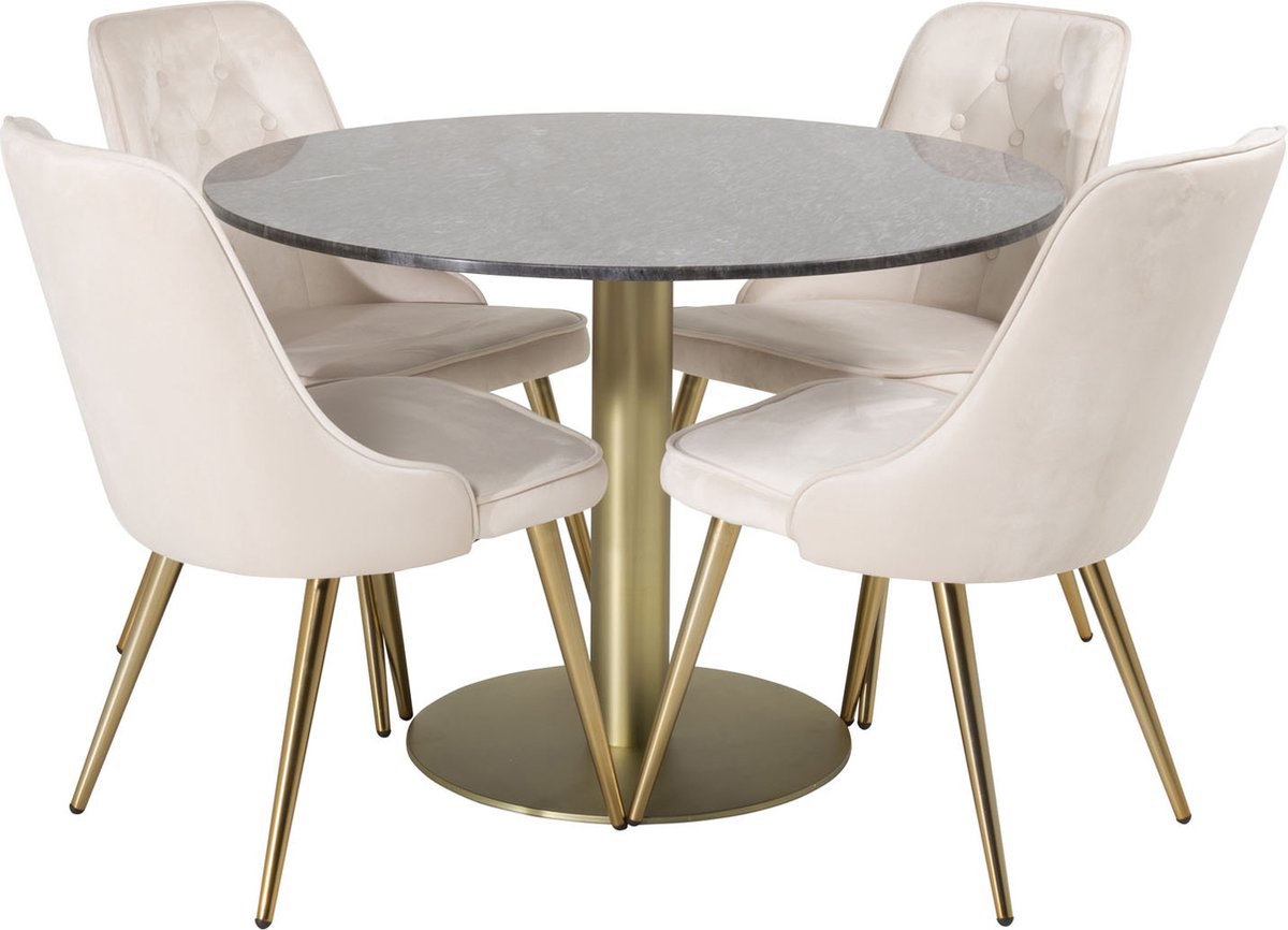 EstelleØ106BLBR eethoek eetkamertafel zwart, marmer en 4 Velvet Deluxe eetkamerstal velour
