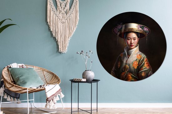 WallCircle - Wandcirkel - Muurcirkel - Vrouwen - Aziatisch - Bloemen - Portret - Aluminium - Dibond - ⌀ 140 cm - Binnen en Buiten