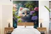 Behang - Fotobehang Kitten - Bloemen - Bos - Illustratie - Poes - Breedte 195 cm x hoogte 260 cm