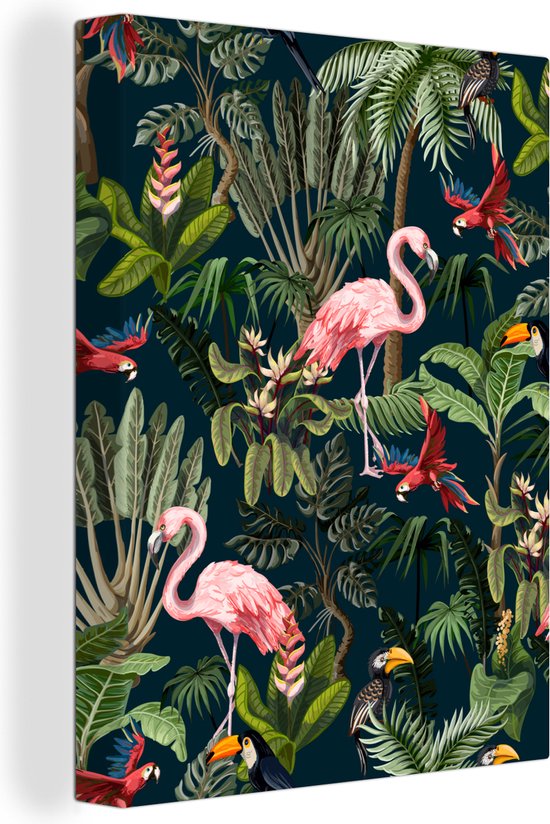 Canvas Schilderij Jungledieren - Patroon - Kinderen - Flamingo - Papegaai - Kids - 90x120 cm - Wanddecoratie