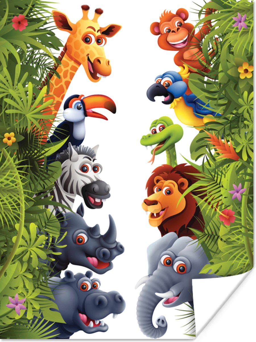 Poster Jungle - Dieren - Jongens - Meisjes - Giraf - Olifant - Kids - 30x40 cm - Poster Babykamer