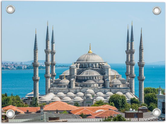 Tuinposter – Sultan Ahmet Moskee aan de Zee van Turkije - 40x30 cm Foto op Tuinposter (wanddecoratie voor buiten en binnen)