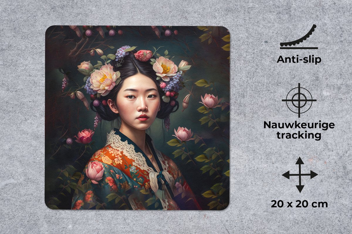 Muismat 20x20 cm - Mousepad Vrouw - Bloemen - Kimono - Portret - Asian - Muismatten