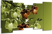 GroepArt - Canvas Schilderij - Orchidee - Groen, Bruin - 150x80cm 5Luik- Groot Collectie Schilderijen Op Canvas En Wanddecoraties
