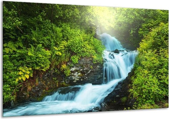 Glasschilderij Waterval - Groen, Grijs - 120x70cm 1Luik - Foto Op Glas - Geen Acrylglas Schilderij - GroepArt 6000+ Glasschilderijen Art Collectie - Wanddecoratie - Woonkamer - Slaapkamer