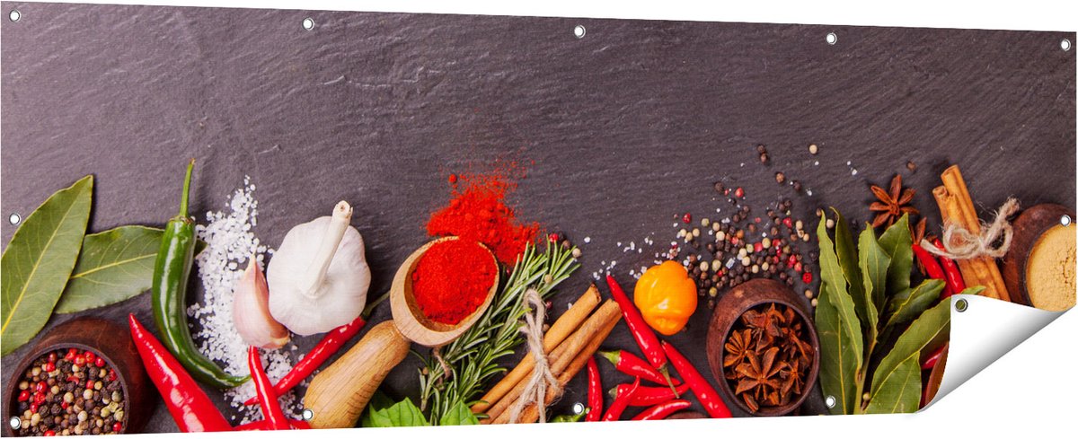 Gards Tuinposter Verschillende Kruiden op een Zwarte Tafel - 180x60 cm - Tuindoek - Tuindecoratie - Wanddecoratie buiten - Tuinschilderij Multikleur