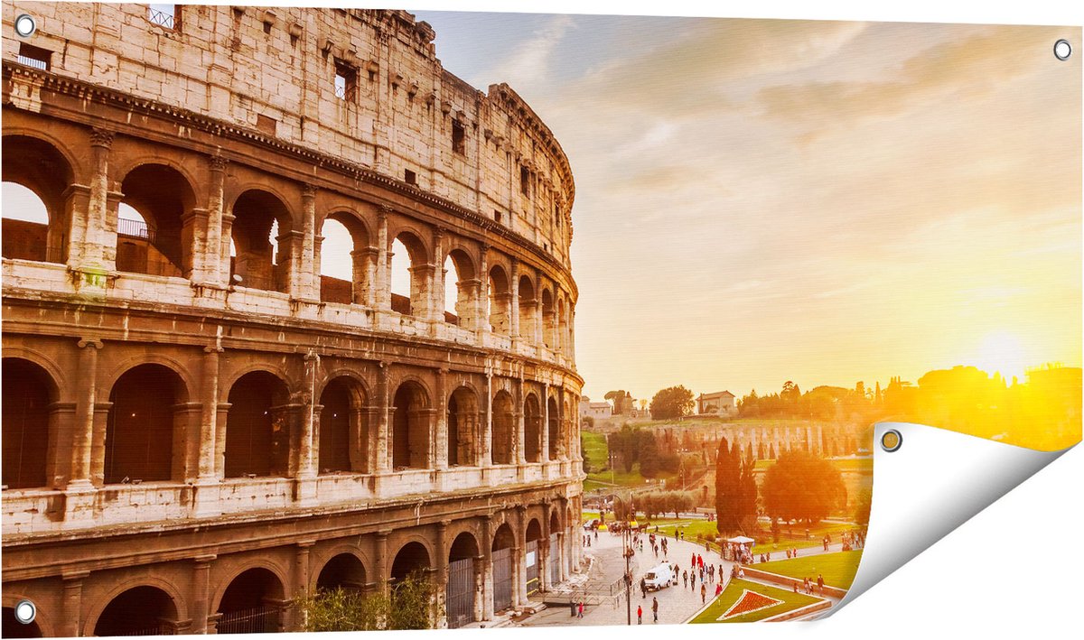 Gards Tuinposter Colosseum bij Zonsondergang in Ital�e - 100x50 cm - Tuindoek - Tuindecoratie - Wanddecoratie buiten - Tuinschilderij Multikleur
