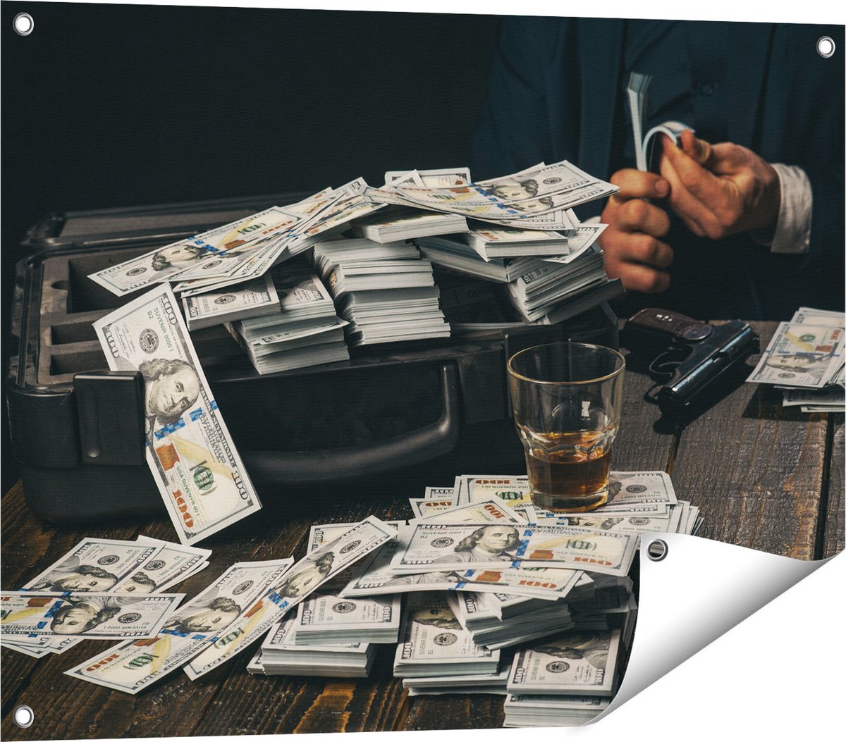 Gards Tuinposter Dollar Geld Briefjes op Tafel van de Maffia - 80x60 cm - Tuindoek - Tuindecoratie - Wanddecoratie buiten - Tuinschilderij Multikleur