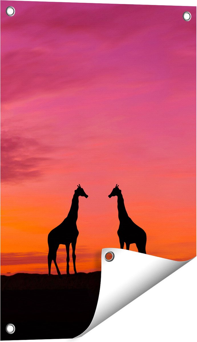 Gards Tuinposter Twee Giraffe Silhouetten bij Zonsondergang - 40x60 cm - Tuindoek - Tuindecoratie - Wanddecoratie buiten - Tuinschilderij Multikleur