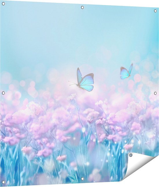 Affiche de jardin Gards Deux Papillons Bleus à Fleurs Roses - 100x100 cm - Toile de jardin - Décoration de jardin - Décoration murale extérieur - Tableau de jardin