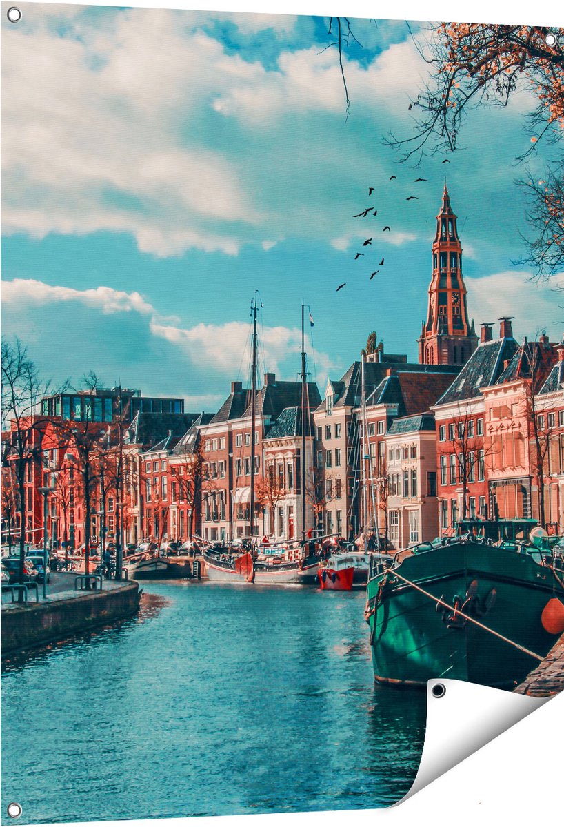 Gards Tuinposter Gracht in Groningen - 80x100 cm - Tuindoek - Tuindecoratie - Wanddecoratie buiten - Tuinschilderij Multikleur