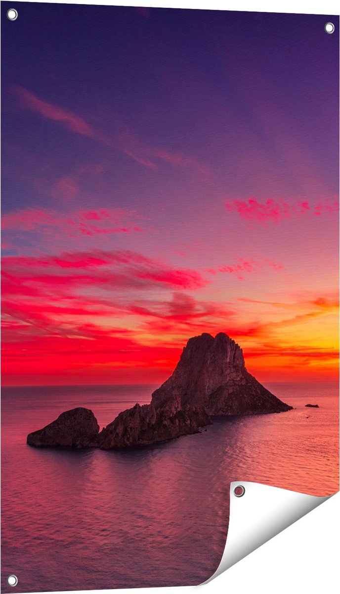 Gards Tuinposter Ibiza Rotsen Eiland bij Zonsondergang - 60x90 cm - Tuindoek - Tuindecoratie - Wanddecoratie buiten - Tuinschilderij Multikleur