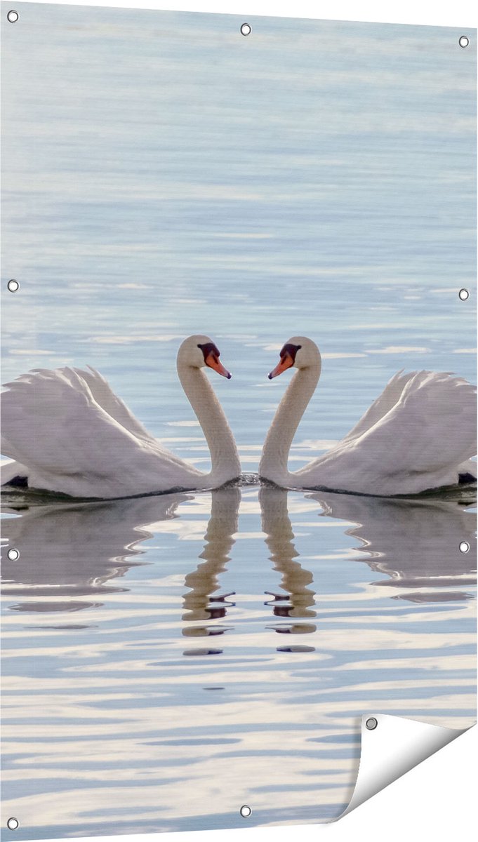 Gards Tuinposter Zwanen Koppel op het Water - 80x120 cm - Tuindoek - Tuindecoratie - Wanddecoratie buiten - Tuinschilderij Multikleur