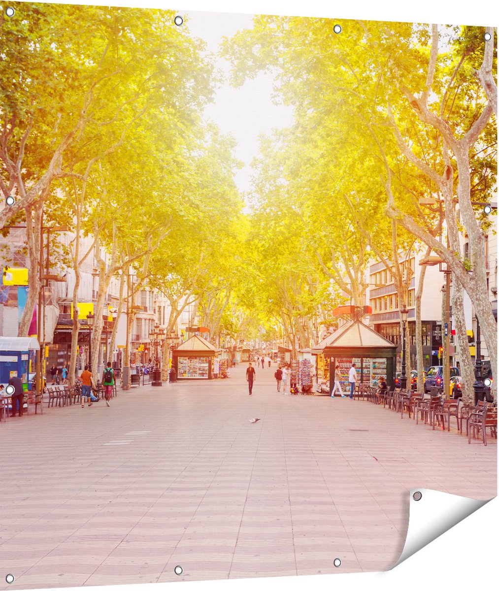 Gards Tuinposter De Ramblas Straat in Barcelona - 110x110 cm - Tuindoek - Tuindecoratie - Wanddecoratie buiten - Tuinschilderij Multikleur