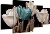 GroepArt - Schilderij -  Tulpen - Blauw, Wit, Zwart - 160x90cm 4Luik - Schilderij Op Canvas - Foto Op Canvas