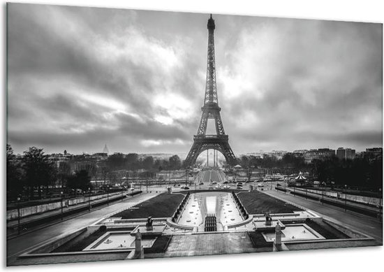 Glasschilderij Parijs, Eiffeltoren - Zwart, Wit, Grijs - 120x70cm 1Luik - Foto Op Glas - Geen Acrylglas Schilderij - GroepArt 6000+ Glasschilderijen Art Collectie - Wanddecoratie - Woonkamer - Slaapkamer