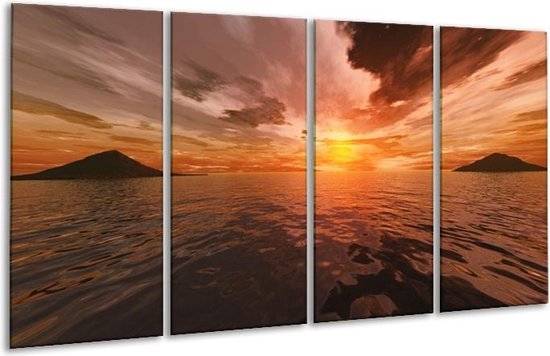 GroepArt - Glasschilderij - Zonsondergang - Grijs, Geel, Zwart - 160x80cm 4Luik - Foto Op Glas - Geen Acrylglas Schilderij - 6000+ Glasschilderijen Collectie - Wanddecoratie