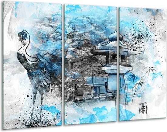 Glasschilderij Vogel, Chinese Gebouw - Blauw, Zwart, Wit - 120x80cm 3Luik - Foto Op Glas - Geen Acrylglas Schilderij - GroepArt 6000+ Glas Art Collectie - Maatwerk Mogelijk
