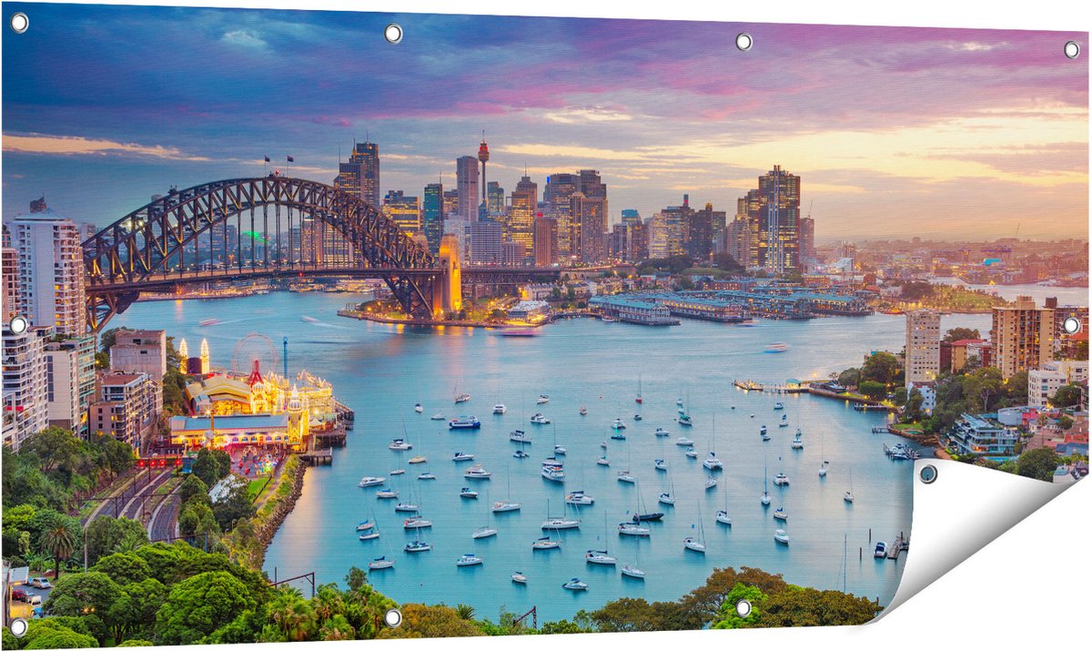 Gards Tuinposter Sydney Harbour Bridge in de Avond - 120x60 cm - Tuindoek - Tuindecoratie - Wanddecoratie buiten - Tuinschilderij Multikleur