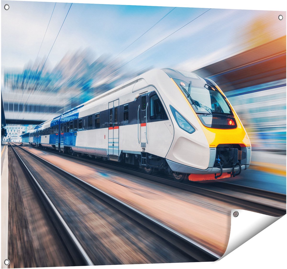 Gards Tuinposter Trein bij het Station - 100x80 cm - Tuindoek - Tuindecoratie - Wanddecoratie buiten - Tuinschilderij Multikleur