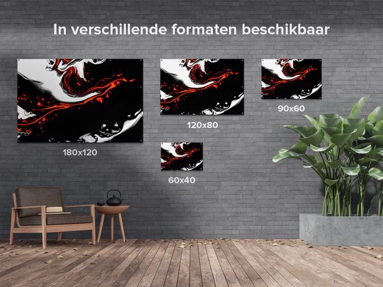 Gards Tuinposter Abstracte Kunst - Zwart en Wit met Rood - 180x120 cm - Tuindoek - Tuindecoratie - Wanddecoratie buiten - Tuinschilderij