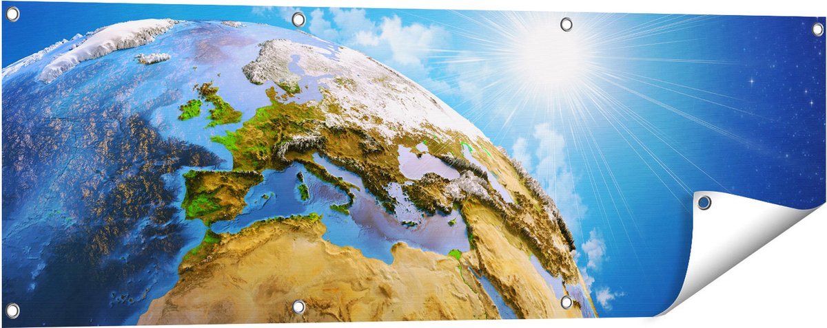 Gards Tuinposter Aarde vanuit de Ruimte op Europa - 120x40 cm - Tuindoek - Tuindecoratie - Wanddecoratie buiten - Tuinschilderij Multikleur