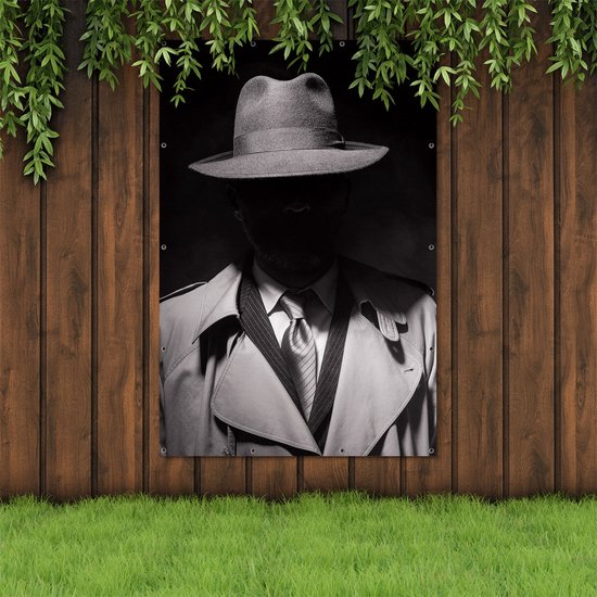 Gards Affiche de jardin Homme au Chapeau dans le Noir - Zwart Wit - 120x180 cm - Toile jardin - Décoration de jardin - Décoration murale extérieur - Tableau jardin