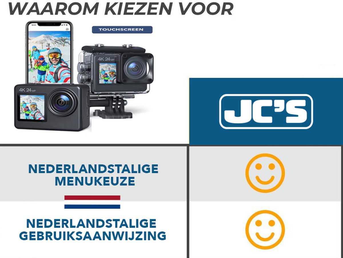 JC's - Action Camera 4K - Écran tactile - Carte SD 32 Go incluse - Sangle  de poitrine