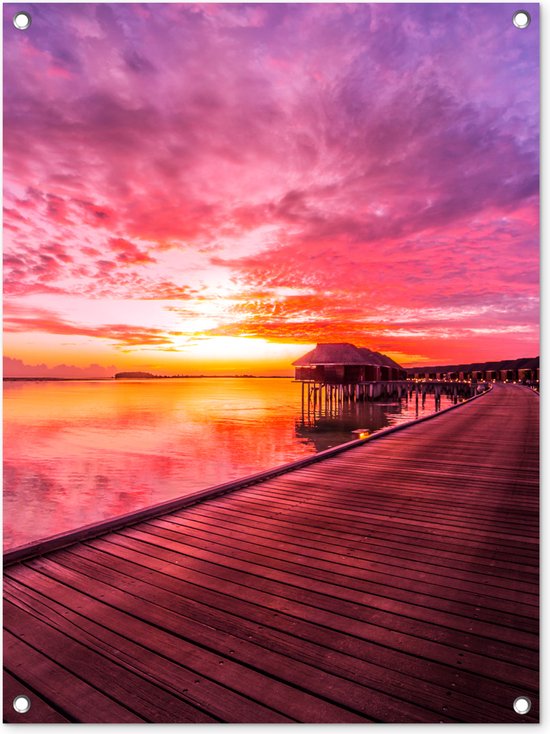 Tuinposter zonsondergang - Tuindecoratie zee met roze lucht - 60x80 cm - Tuinschilderij voor buiten - Tuindoek - Wanddecoratie tuin - Schuttingdoek - Balkon decoratie - Muurdecoratie - Buitenposter