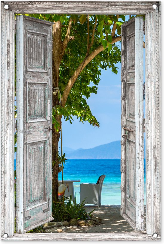 Affiche de jardin - Vue - Chaise de plage - Mer - Montagnes - Water - 60x90 cm - Toile de clôture - Peinture de jardin - Toile de jardin