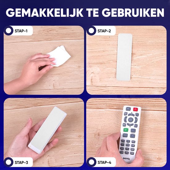Vier stappen om een afstandsbediening te bevestigen: oppervlak schoonmaken, klittenband plakken, op kortere afstand plakken, afstandsbediening bevestigen.