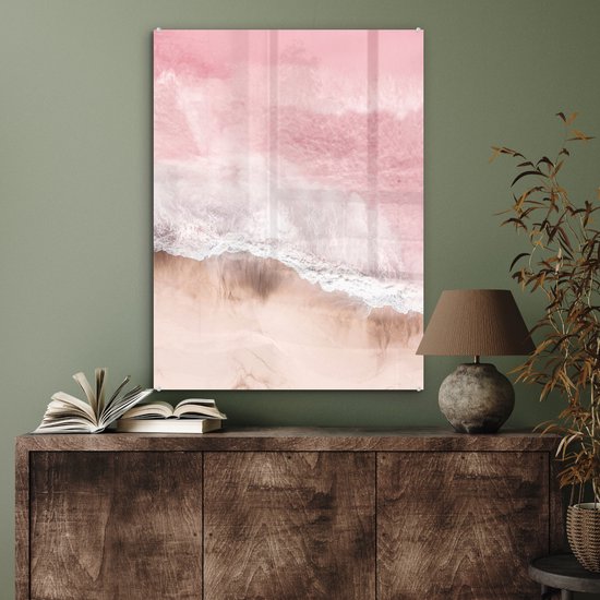 MuchoWow® Peinture sur verre 60x80 cm - Peinture sur verre - Plage - Mer - Rose - Nature - Vagues - Photo sur verre acrylique - Peintures