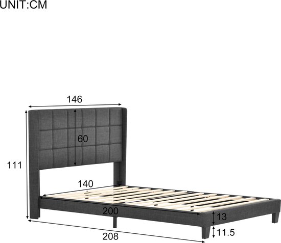 Gestoffeerd bed 140x200cm in linnenstof met hoofdeinde en lattenbodem - Blauw