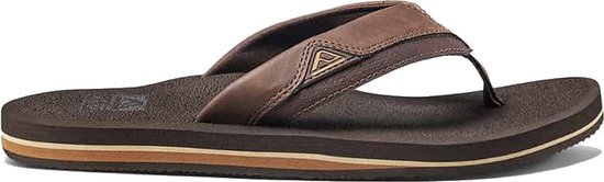 Donkerbruine Reef slipper met leren bandjes en een gelaagde bruine en crèmekleurige zool.