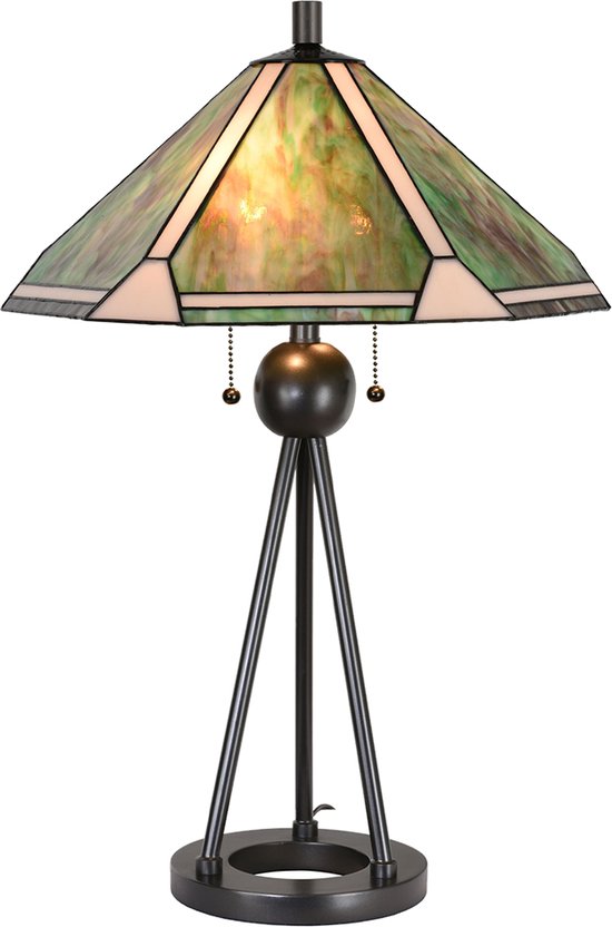 HAES DECO - Tiffany Tafellamp Ø 50x73 cm Groen Bruin Metaal Glas Tiffany Bureaulamp Tiffany Lampen