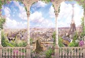 Fotobehang - Vlies Behang - Uitzicht op de Eiffeltoren in Parijs door de Pilaren - 3D - 312 x 219 cm