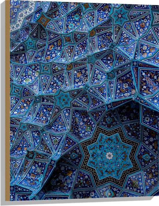 Hout - Blauw Bloemenpatroon op Tegels in Plafond - 60x80 cm - 9 mm dik - Foto op Hout (Met Ophangsysteem)