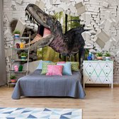 Fotobehang 3D Dinosaur Bursting Through Brick Wall | VEL - 152.5cm x 104cm | 130gr/m2 Vlies