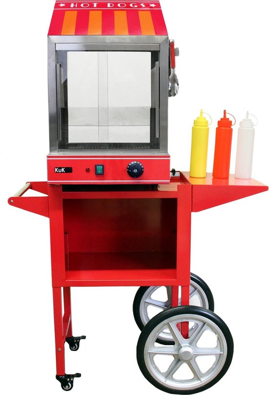 KuKoo Hotdog Machine & Kar - 95x41x150 cm - Incl. Tang + Sausflessen - 220-240V 100 Worsten & 30 Broodjes - Evenement Bruiloft - KuKoo