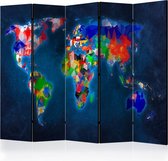 Vouwscherm - Kleurrijke Wereldkaart 225x172cm , gemonteerd geleverd, dubbelzijdig geprint (kamerscherm)